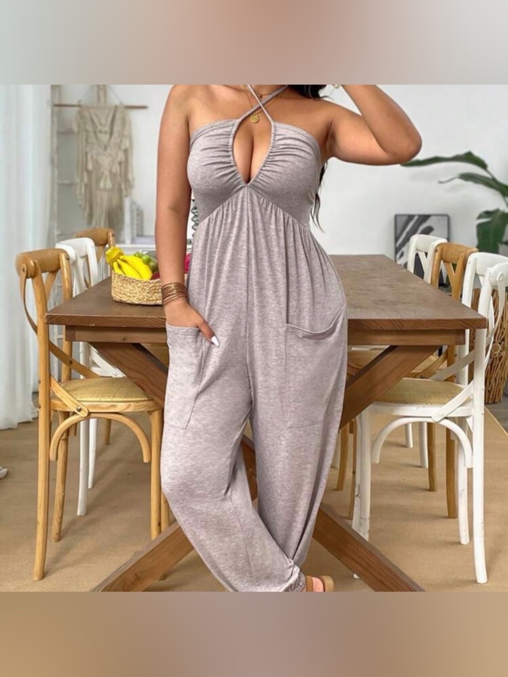 🆕 NEW Without Tags Strappy Taupe Jumpsuit with Pockets - 2XL